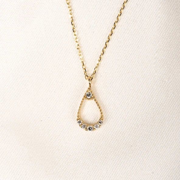 Altın Kolye - İçi Boş 0.30 CT Pırlanta(Signty)Taşlı Damla Figürlü Tasarım Modern 14 Ayar Altın Kolye