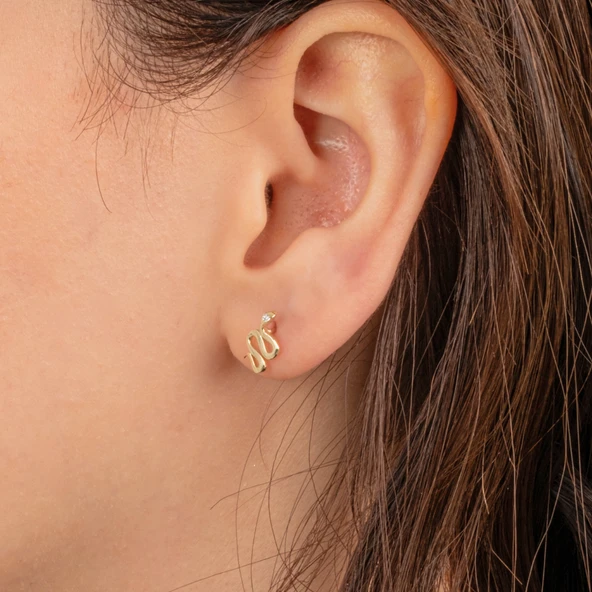 Altın Küpe - 14 Ayar Altın Yılan Desenli Taşlı Minimal Küpe - 3