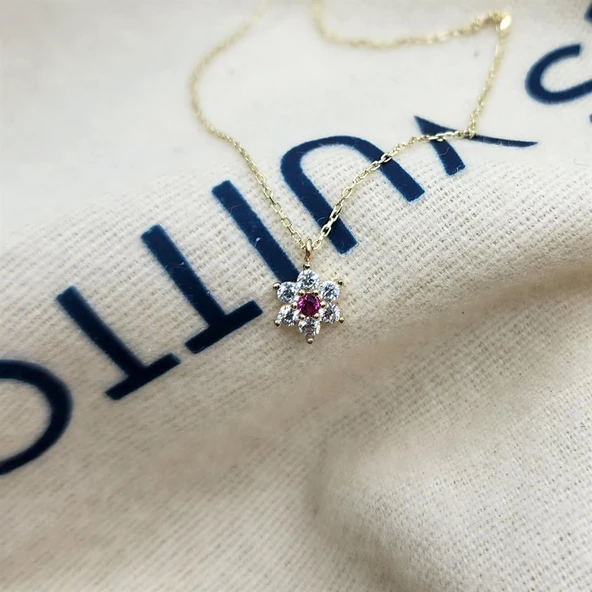 Altın Kolye - Ortası Yakut Taşlı Çiçek 14 Ayar Altın Kolye - 4