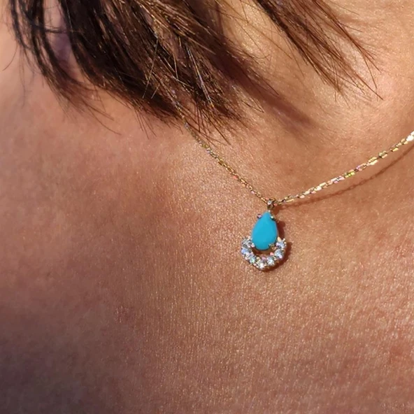 Altın Kolye - 0.50 CT Turkuaz (Firuze) 0.25 Pırlanta Damla Ay 14 Ayar Kolye- Doğal Taşlı Altın Kolye - Resim 6