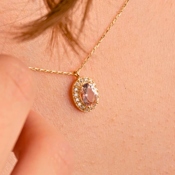 Altın Kolye - Morganite Oval Taşlı 14 Ayar Altın Kolye - 4