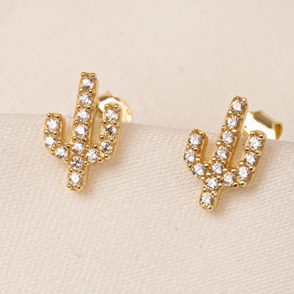 Altın Küpe - 14 Ayar Altın Minimal Taşlı Kaktüs Figürlü Küpe - 6