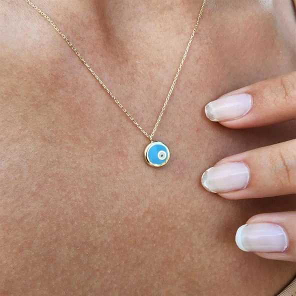 Altın Kolye - Ala Turkuaz (Firuze)Mineli Nazar Boncuğu Göz Tasarım Taşsız Modern 14 Ayar Altın Kolye
