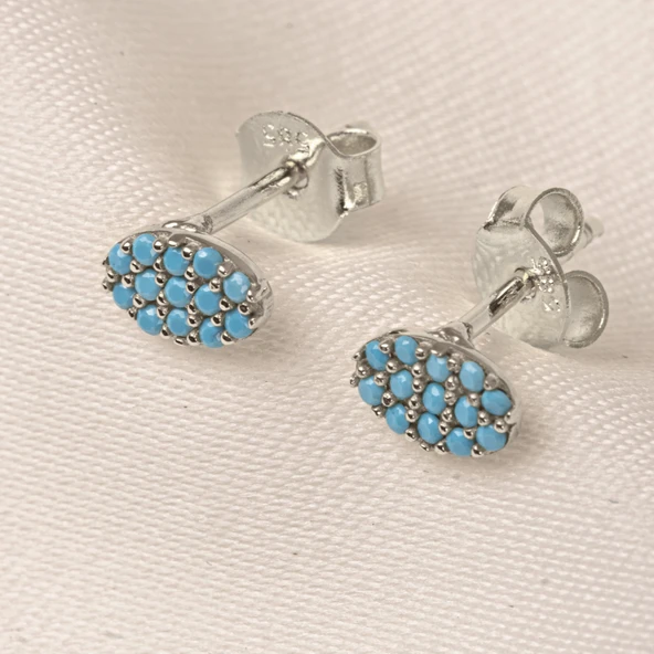 Altın Küpe - 14 Ayar Altın Sıralı Firuze (Turkuaz) Taşlı Küpe - 8