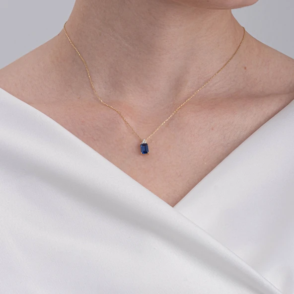 Altın Kolye - Baget Safir Taşlı Zarif Tasarım 14 Ayar Altın Kolye - Resim 4