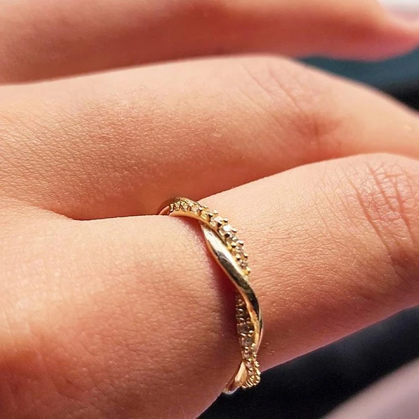 Burma Altın Taşlı Alyans - 14 Ayar Burgu Zirkon Taşlı Altın Yüzük - Sevgiliye, Anneler Gününe Hediye - 7