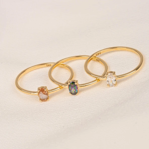 Tektaş Altın Yüzük - 14 Ayar Altın Oval Taşlı Minimal Tek Taş Altın Yüzük - Eşe, Sevgiliye Yüzük - 12