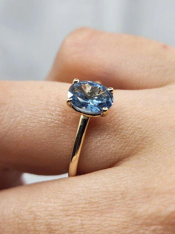 Tektaş Altın Yüzük - Oval Taşlı 14 Ayar Altın Yüzük - Topaz Taşlı Altın Yüzük - 8