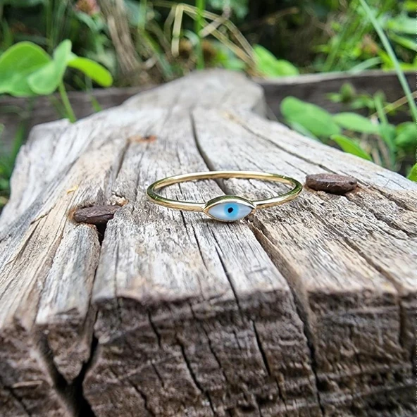 Mineli Altın Yüzük - 14 Ayar Altın Beyaz Mineli Minimal Göz Yüzük - Nazar Boncuğu Altın Yüzük - 8