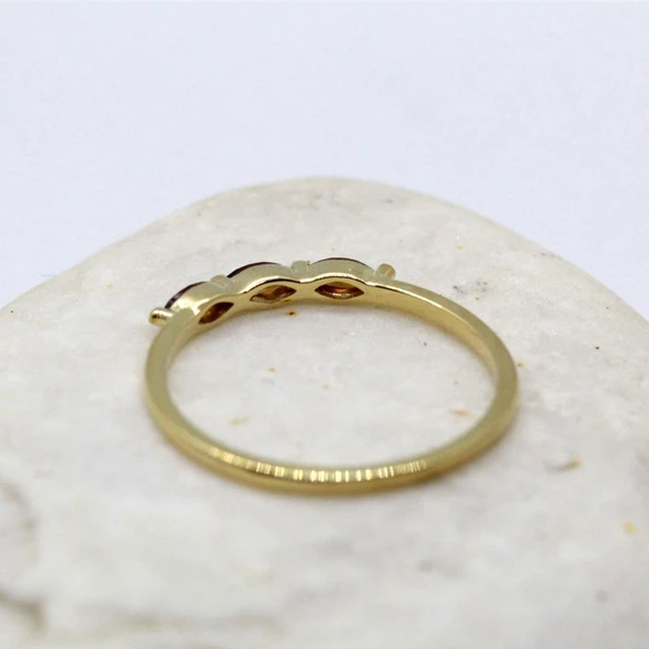 Tria Altın Yüzük - 14 Ayar Altın Tria Mekik Smoky Quartz Taşlı Minimal Kadın Yüzük - Eşe Hediyelik - Resim 5