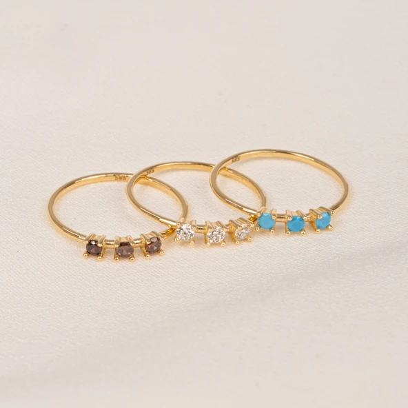 Tria Altın Yüzük - 14 Ayar Altın Turkuaz Tria Taşlı Yüzük - Hediyelik, Doğum Günü Hediyesi Yüzük - Resim 7