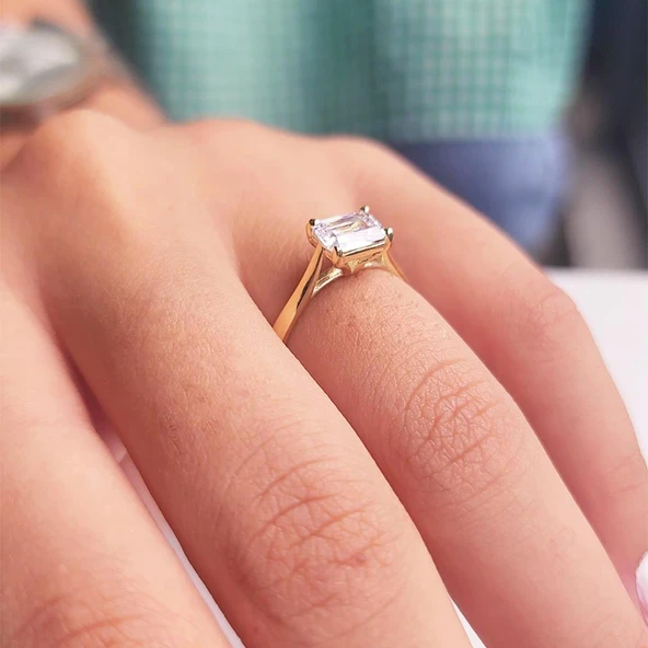 Baget Altın Tektaş Yüzük - 14 Ayar Altın 1.10 Karat Baget Zirkon Taşlı Evlilik Teklifi Yüzüğü - 3