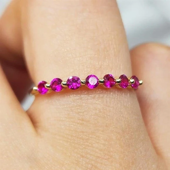 Yarım Tur Altın Yüzük - 14 Ayar Altın Yedi Taş Yakut Taşlı Minimal Yarım Tur Yüzük - Minimal Yüzük - 2