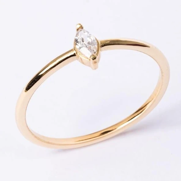 Tektaş Altın Yüzük - 14 Ayar Altın Markiz Zirkon Taşlı Minimal Tek Taş Altın Yüzük - Hediyelik