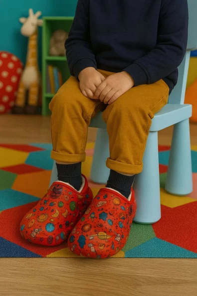 Peluş İçi Yünlü Kışlık Panduf Kırmızı Gezegen Desenli Çocuk Ev Terliği ürün görseli