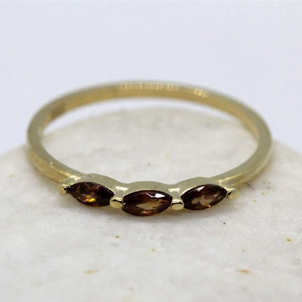 Tria Altın Yüzük - 14 Ayar Altın Tria Mekik Smoky Quartz Taşlı Minimal Kadın Yüzük - Eşe Hediyelik - Resim 11