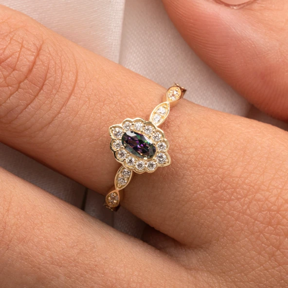 Altın Yüzük - 14 Ayar Altın Oval Mistik Topaz Taşlı Kadın Yüzük - Hediyelik Altın Yüzük - Resim 7