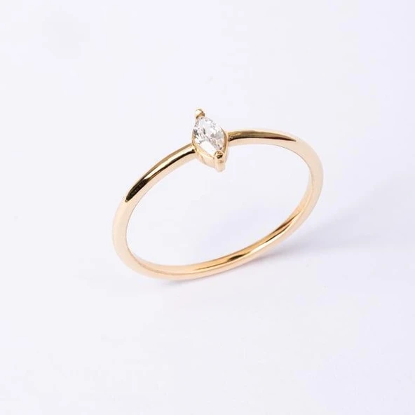 Tektaş Altın Yüzük - 14 Ayar Altın Markiz Zirkon Taşlı Minimal Tek Taş Altın Yüzük - Hediyelik - 3