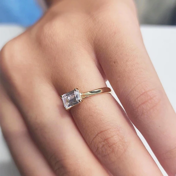 Baget Altın Tektaş Yüzük - 14 Ayar Altın 1.10 Karat Baget Zirkon Taşlı Evlilik Teklifi Yüzüğü - 6