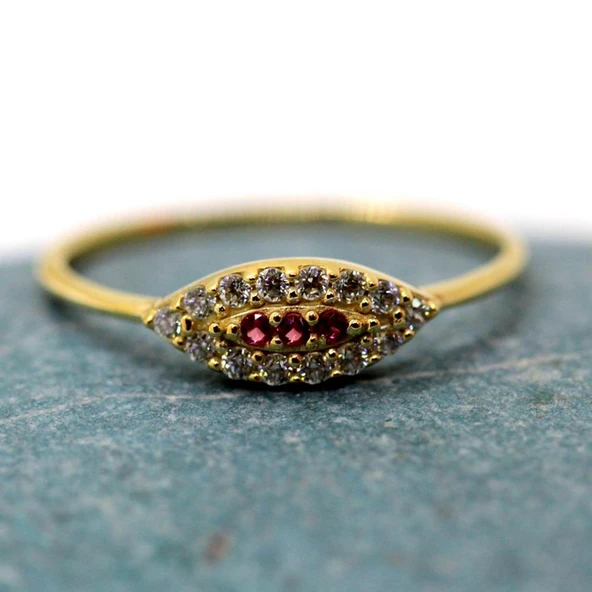 Minimal Altın Yüzük - 14 Ayar Altın Mekik Göz Yakut Taşlı Minimal Kadın Yüzük - Sevgiliye Yüzük - 8