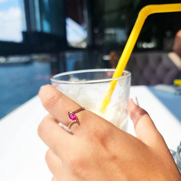 Altın Yüzük - 14 Ayar Altın 0.60 Karat Mekik Ruby Taşlı Evlilik Teklifi Yüzüğü - Minimal Yüzük - Resim 7