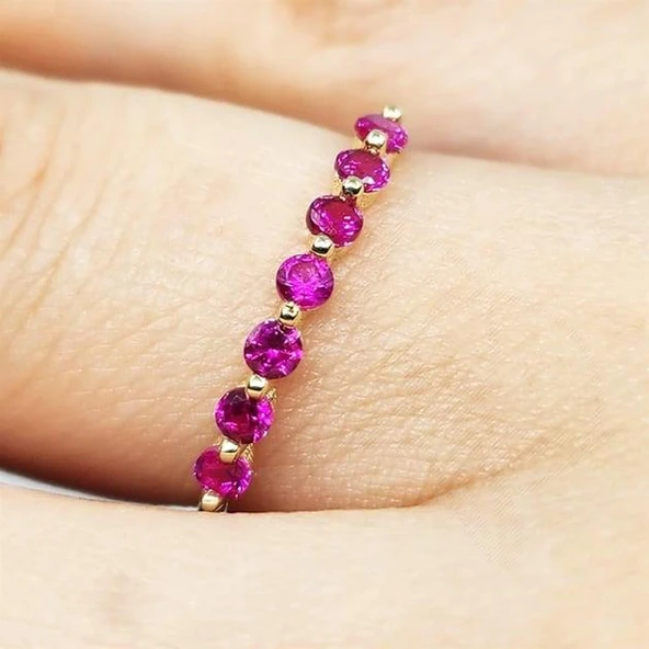 Yarım Tur Altın Yüzük - 14 Ayar Altın Yedi Taş Yakut Taşlı Minimal Yarım Tur Yüzük - Minimal Yüzük - 12