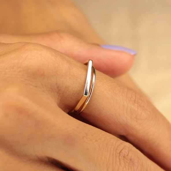 Taşsız Altın Yüzük - 14 Ayar Altın Çift Çizgi Minimal Altın Kadın Yüzük - Sevgiliye Hediye Yüzük - 6