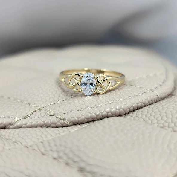 Evlilik Teklifi Altın Yüzük - 14 Ayar Altın Oval 0.60 Karat Zirkon Taşlı Mininal Tektaş Yüzük - 5