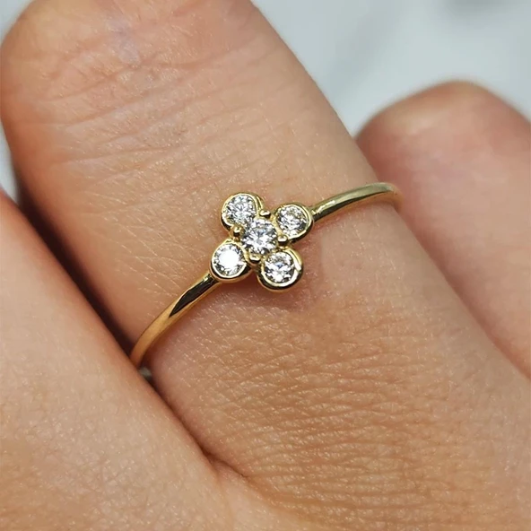 Minimal Altın Yüzük - 14 Ayar Altın Minimal Papatya Swarovski Taşlı Yüzük - Papatya Altın Yüzük - 5