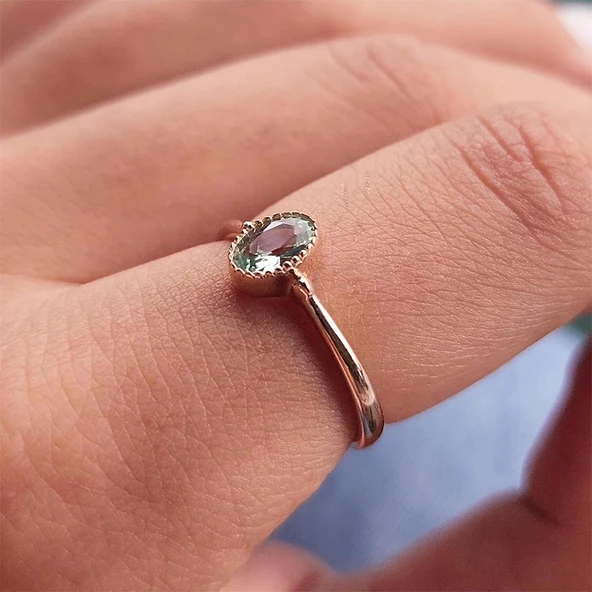 Tektaş Altın Yüzük - 14 Ayar Altın 0.60 Karat Su Yeşili Taşlı Tek Taş Evlilik Teklifi Yüzüğü - 7