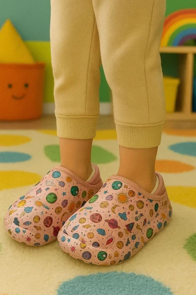 Peluş İçi Yünlü Kışlık Panduf Pembe Gezegen Desenli Çocuk Ev Terliği ürün görseli