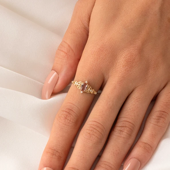 Altın Yüzük - 0.50 Karat Love Zultanit Taşlı Prenses 14 Ayar Altın Evlilik Teklifi Yüzüğü - Resim 5