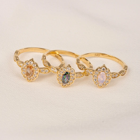 Altın Yüzük - 14 Ayar Altın Oval Mistik Topaz Taşlı Kadın Yüzük - Hediyelik Altın Yüzük - Resim 12