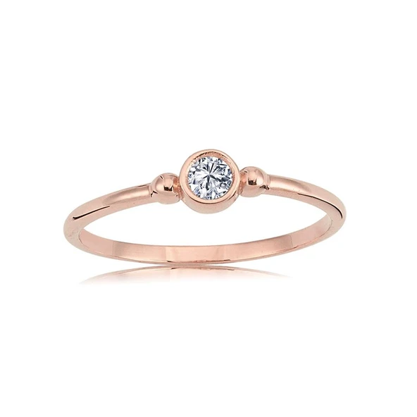 Minimal Altın Yüzük - 14 Ayar Altın Güverseli 0.20 Karat Zirkon Taşlı Tektaş Yüzük - Eşe Yüzük