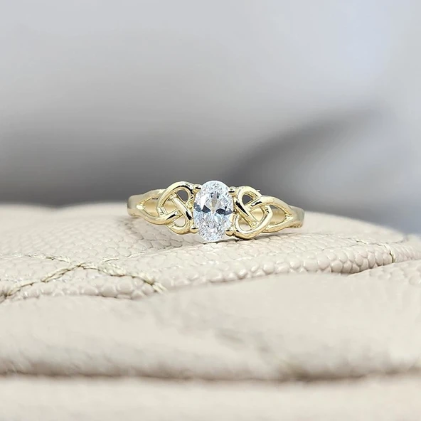 Evlilik Teklifi Altın Yüzük - 14 Ayar Altın Oval 0.60 Karat Zirkon Taşlı Mininal Tektaş Yüzük - 4