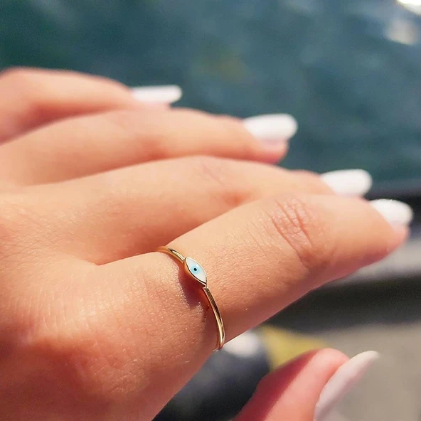 Mineli Altın Yüzük - 14 Ayar Altın Beyaz Mineli Minimal Göz Yüzük - Nazar Boncuğu Altın Yüzük - 2