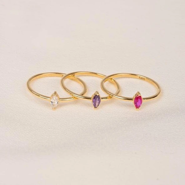 Tektaş Altın Yüzük - 14 Ayar Altın Markiz Zirkon Taşlı Minimal Tek Taş Altın Yüzük - Hediyelik - 7