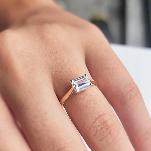 Baget Altın Tektaş Yüzük - 14 Ayar Altın 1.10 Karat Baget Zirkon Taşlı Evlilik Teklifi Yüzüğü - 2