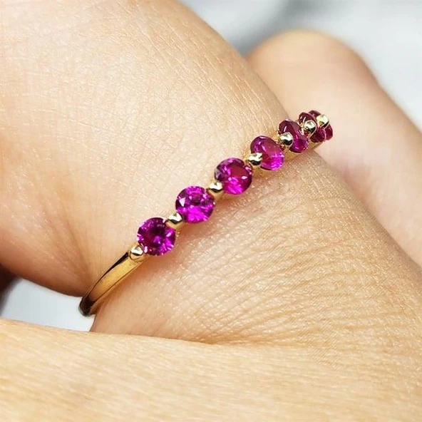 Yarım Tur Altın Yüzük - 14 Ayar Altın Yedi Taş Yakut Taşlı Minimal Yarım Tur Yüzük - Minimal Yüzük - 4