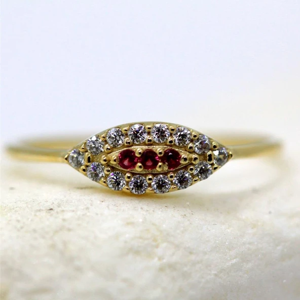 Minimal Altın Yüzük - 14 Ayar Altın Mekik Göz Yakut Taşlı Minimal Kadın Yüzük - Sevgiliye Yüzük - 7