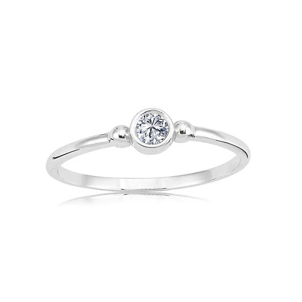 Minimal Altın Yüzük - 14 Ayar Altın Güverseli 0.20 Karat Zirkon Taşlı Tektaş Yüzük - Eşe Yüzük - 7