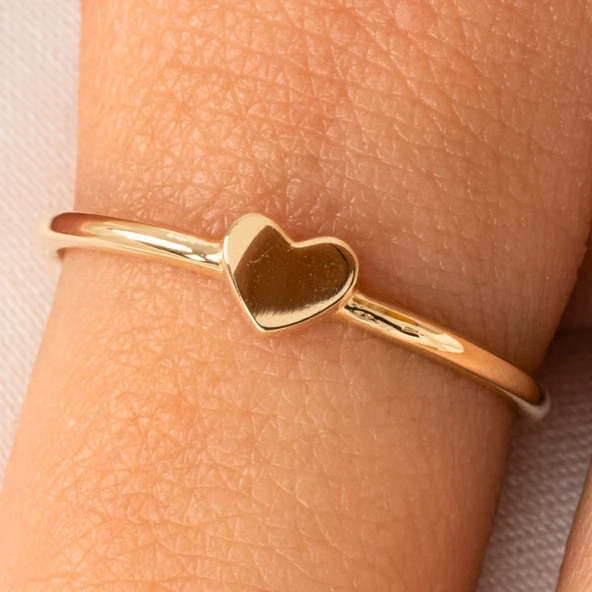Taşsız Kalp Altın Yüzük - 14 Ayar Altın Minimal Kalp Yüzük - Harf Yazılabilir 14 Ayar Altın Yüzük - 10