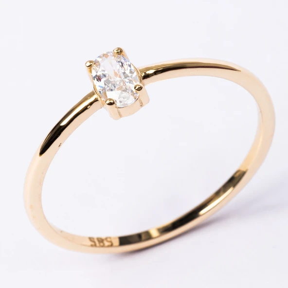 Tektaş Altın Yüzük - 14 Ayar Altın Oval Taşlı Minimal Tek Taş Altın Yüzük - Eşe, Sevgiliye Yüzük - 11