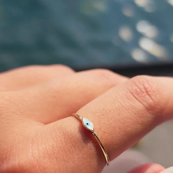 Mineli Altın Yüzük - 14 Ayar Altın Beyaz Mineli Minimal Göz Yüzük - Nazar Boncuğu Altın Yüzük - 10