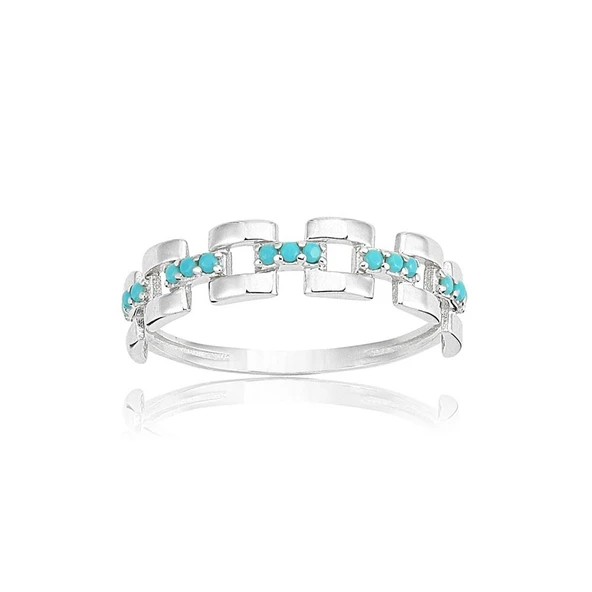 Yarım Tur Altın Yüzük - 14 Ayar Altın Kare Zincir Turkuaz Taşlı Minimal Yarım Tur Yüzük - Resim 11