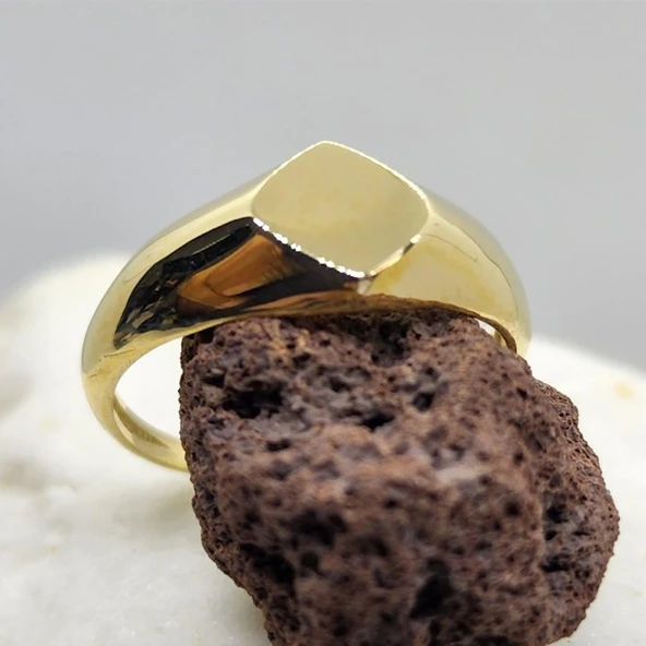 Şövalye Altın Yüzük - 14 Ayar Altın Dörtgen Şövalye Kişiselleştirilir Harf İsim Yazılabilir Yüzük - Resim 12