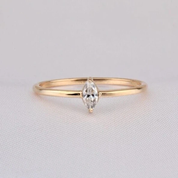 Tektaş Altın Yüzük - 14 Ayar Altın Markiz Zirkon Taşlı Minimal Tek Taş Altın Yüzük - Hediyelik - 8