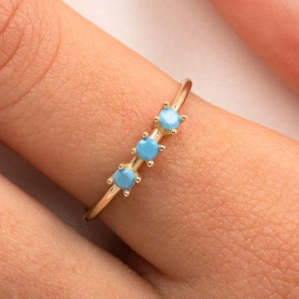 Tria Altın Yüzük - 14 Ayar Altın Turkuaz Tria Taşlı Yüzük - Hediyelik, Doğum Günü Hediyesi Yüzük - Resim 3