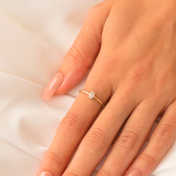 Tektaş Altın Yüzük - 14 Ayar Altın Oval Taşlı Minimal Tek Taş Altın Yüzük - Eşe, Sevgiliye Yüzük - 3