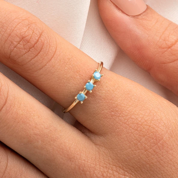 Tria Altın Yüzük - 14 Ayar Altın Turkuaz Tria Taşlı Yüzük - Hediyelik, Doğum Günü Hediyesi Yüzük - Resim 4